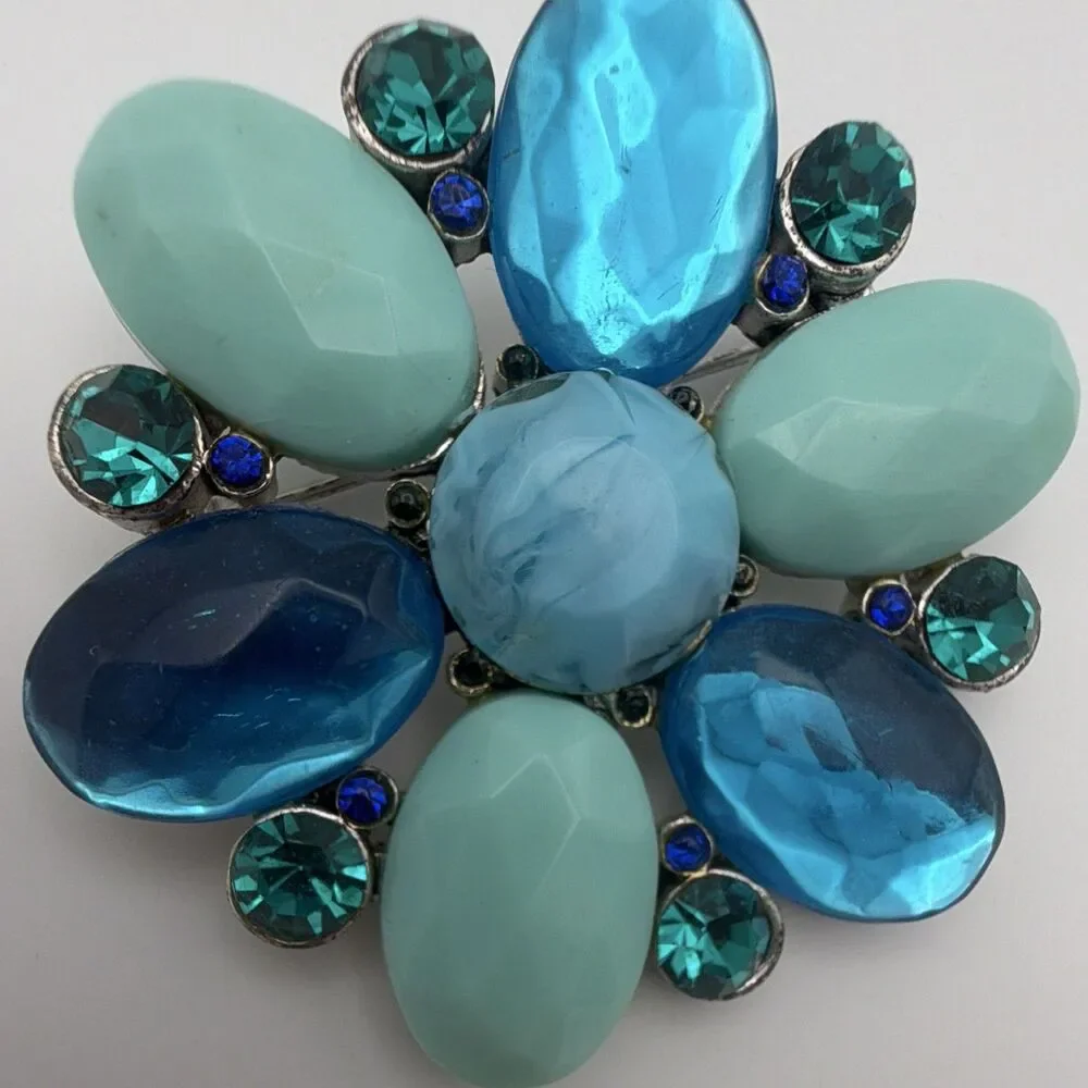 Silver Tone Blue & Green Rhinestone Flower Brooch Pin Prong Set Oval 2 in